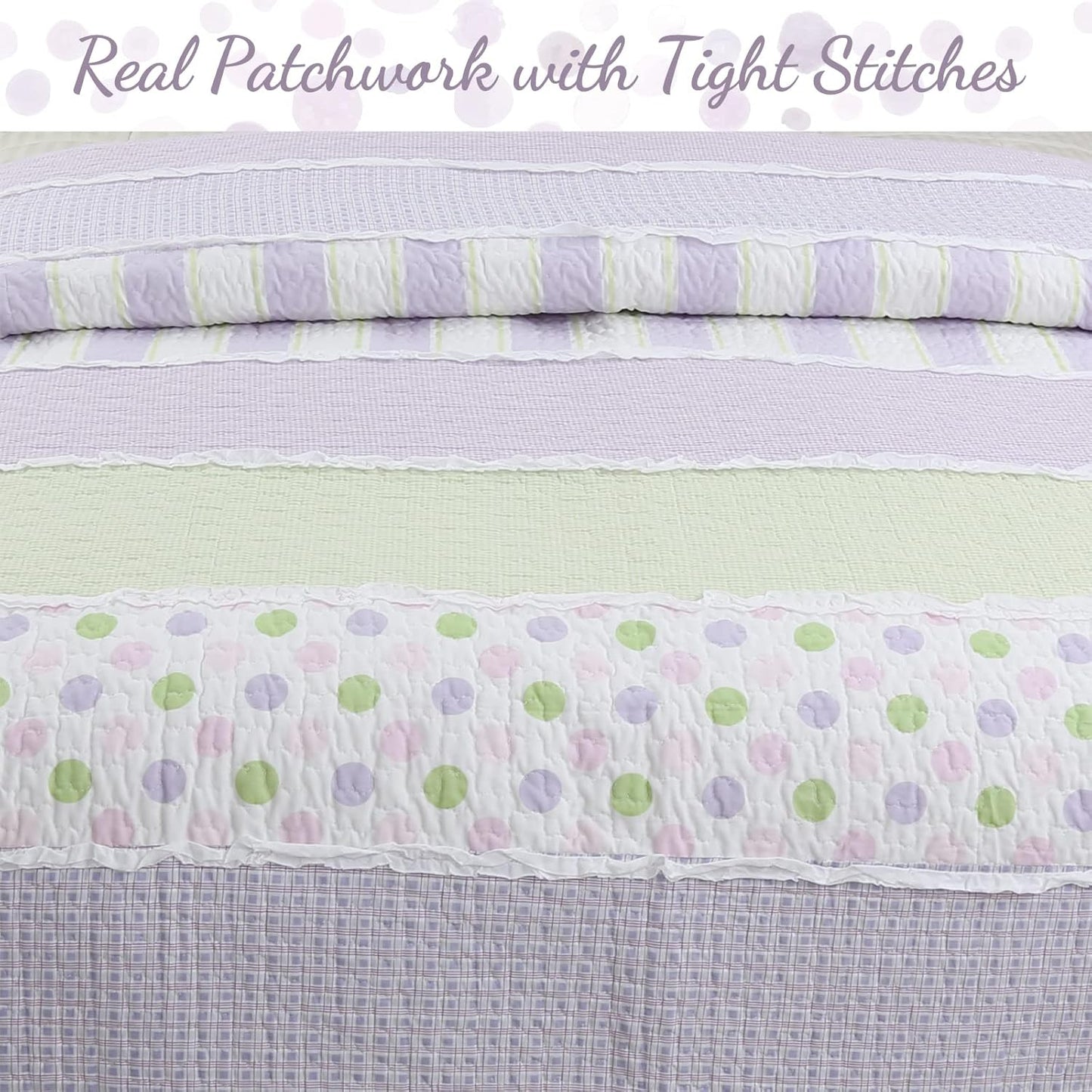 Lavender Green Stripe Dots Girl 100% Cotton Reversible Quilt Bedding Set, All-Season Coverlet Bedspread (Purple Dots, Twin - 2 Piece)