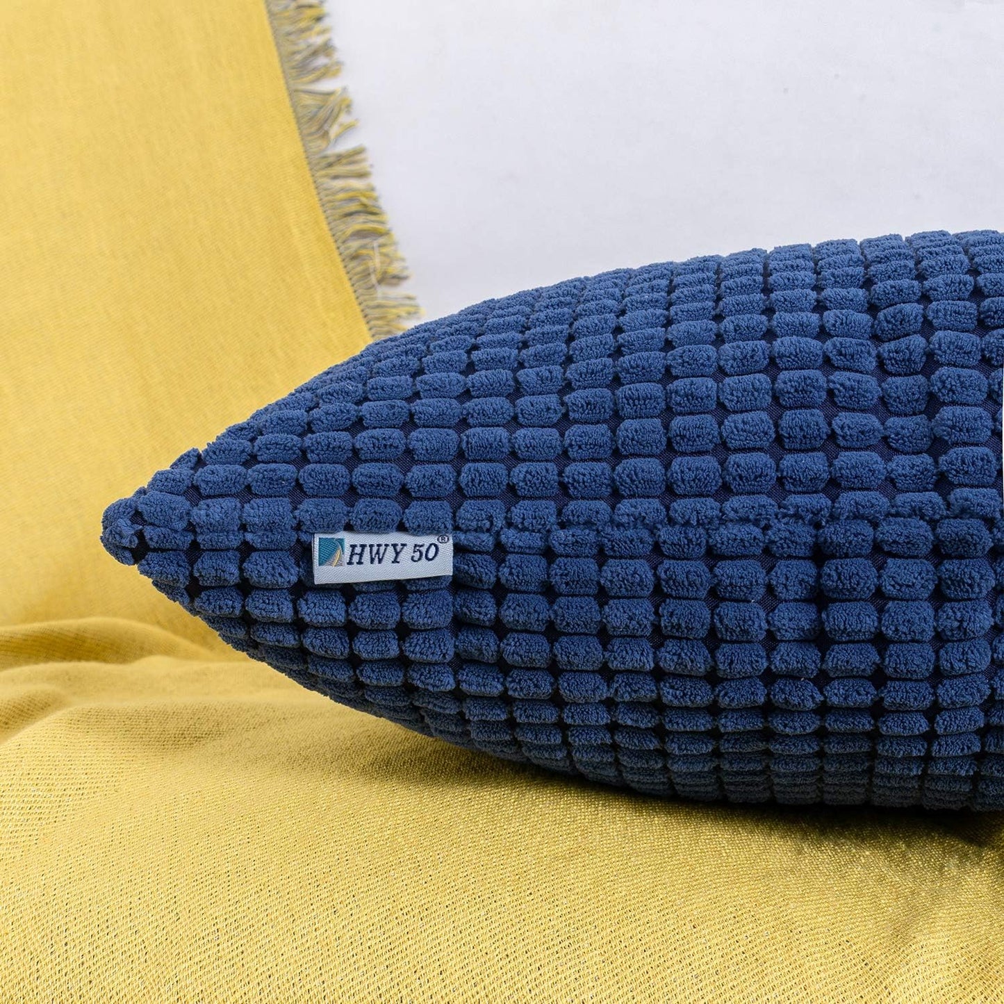 Navy Blue Corduroy Throw Pillow Covers 16X16 Inch, Pack of 2, Soft Solid Decorative Cushion Cases for Couch Sofa Bed Living Room, Corn Texture Striped Home Decor