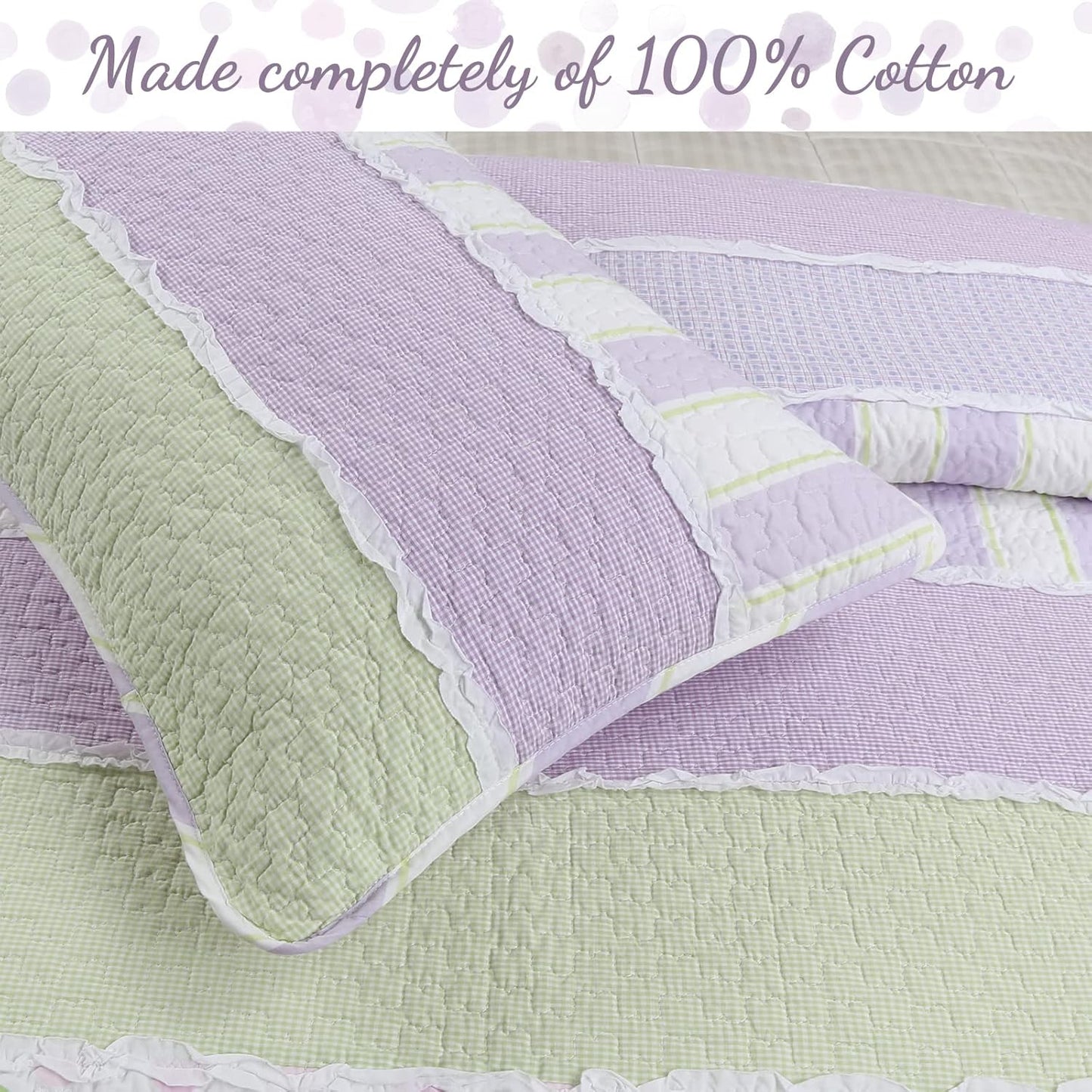 Lavender Green Stripe Dots Girl 100% Cotton Reversible Quilt Bedding Set, All-Season Coverlet Bedspread (Purple Dots, Twin - 2 Piece)