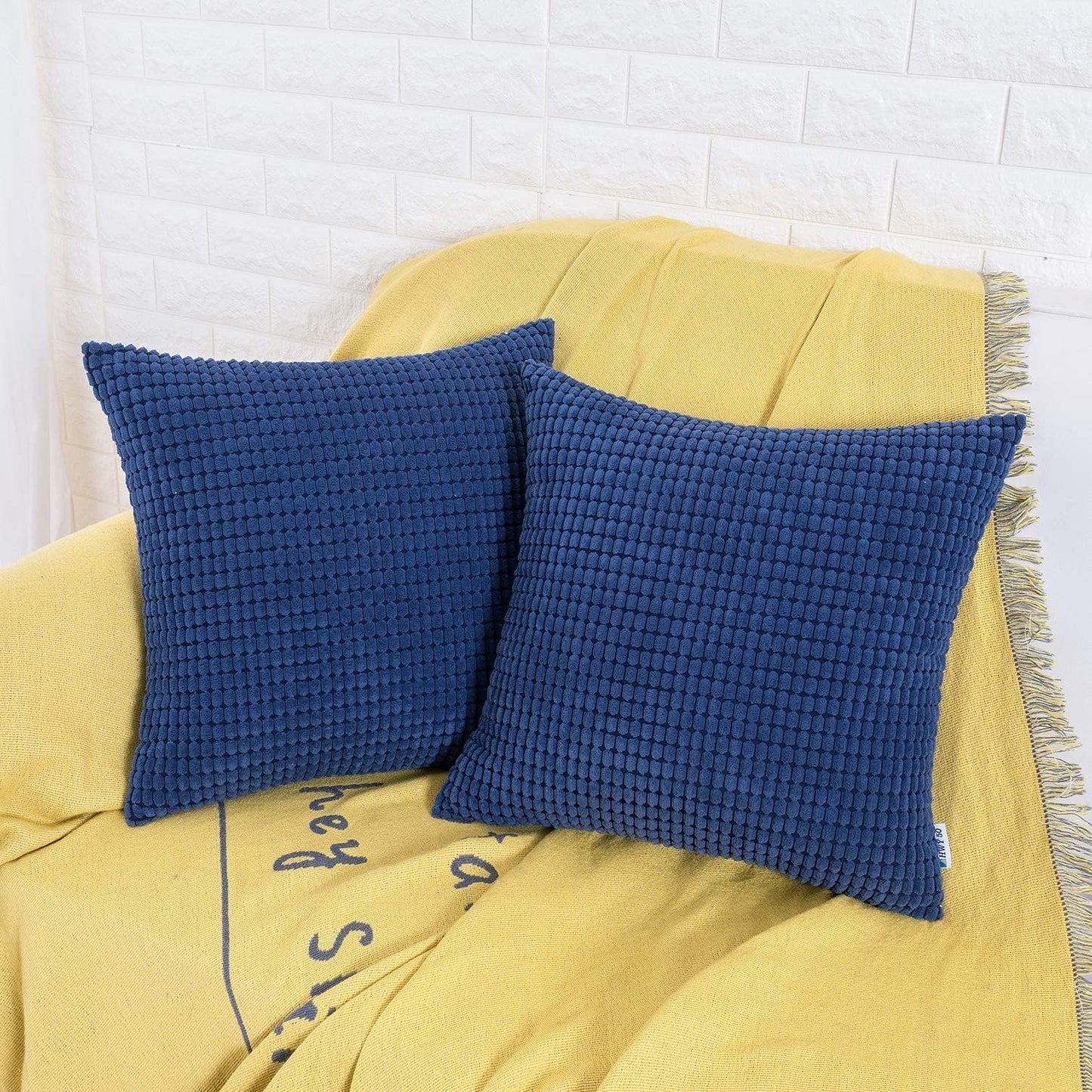 Navy Blue Corduroy Throw Pillow Covers 16X16 Inch, Pack of 2, Soft Solid Decorative Cushion Cases for Couch Sofa Bed Living Room, Corn Texture Striped Home Decor