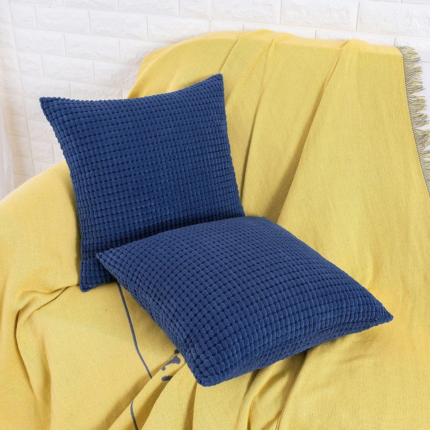 Navy Blue Corduroy Throw Pillow Covers 16X16 Inch, Pack of 2, Soft Solid Decorative Cushion Cases for Couch Sofa Bed Living Room, Corn Texture Striped Home Decor