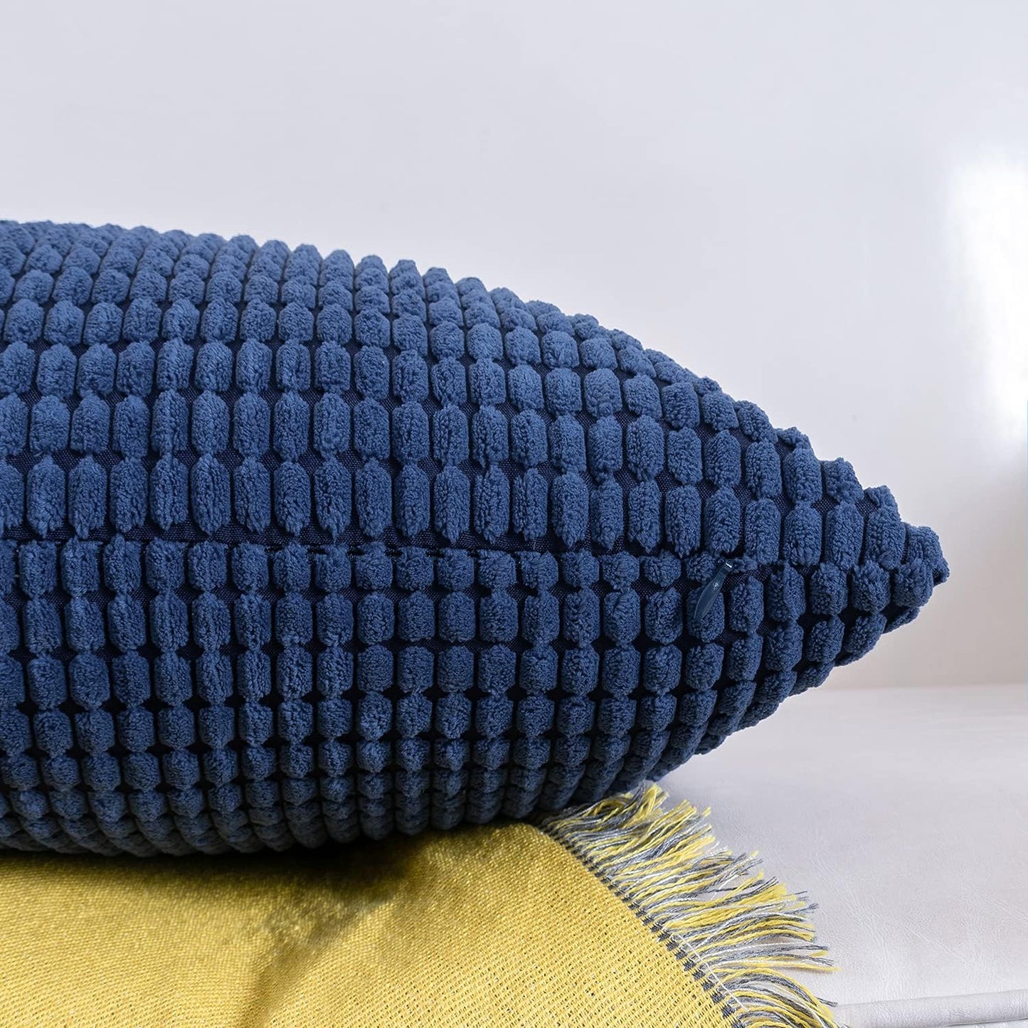 Navy Blue Corduroy Throw Pillow Covers 16X16 Inch, Pack of 2, Soft Solid Decorative Cushion Cases for Couch Sofa Bed Living Room, Corn Texture Striped Home Decor
