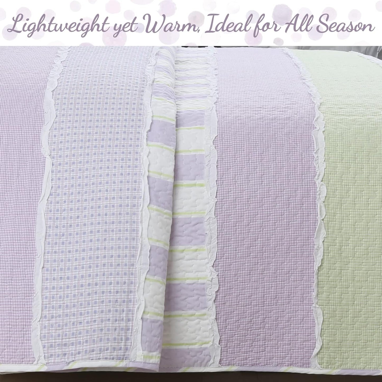 Lavender Green Stripe Dots Girl 100% Cotton Reversible Quilt Bedding Set, All-Season Coverlet Bedspread (Purple Dots, Twin - 2 Piece)