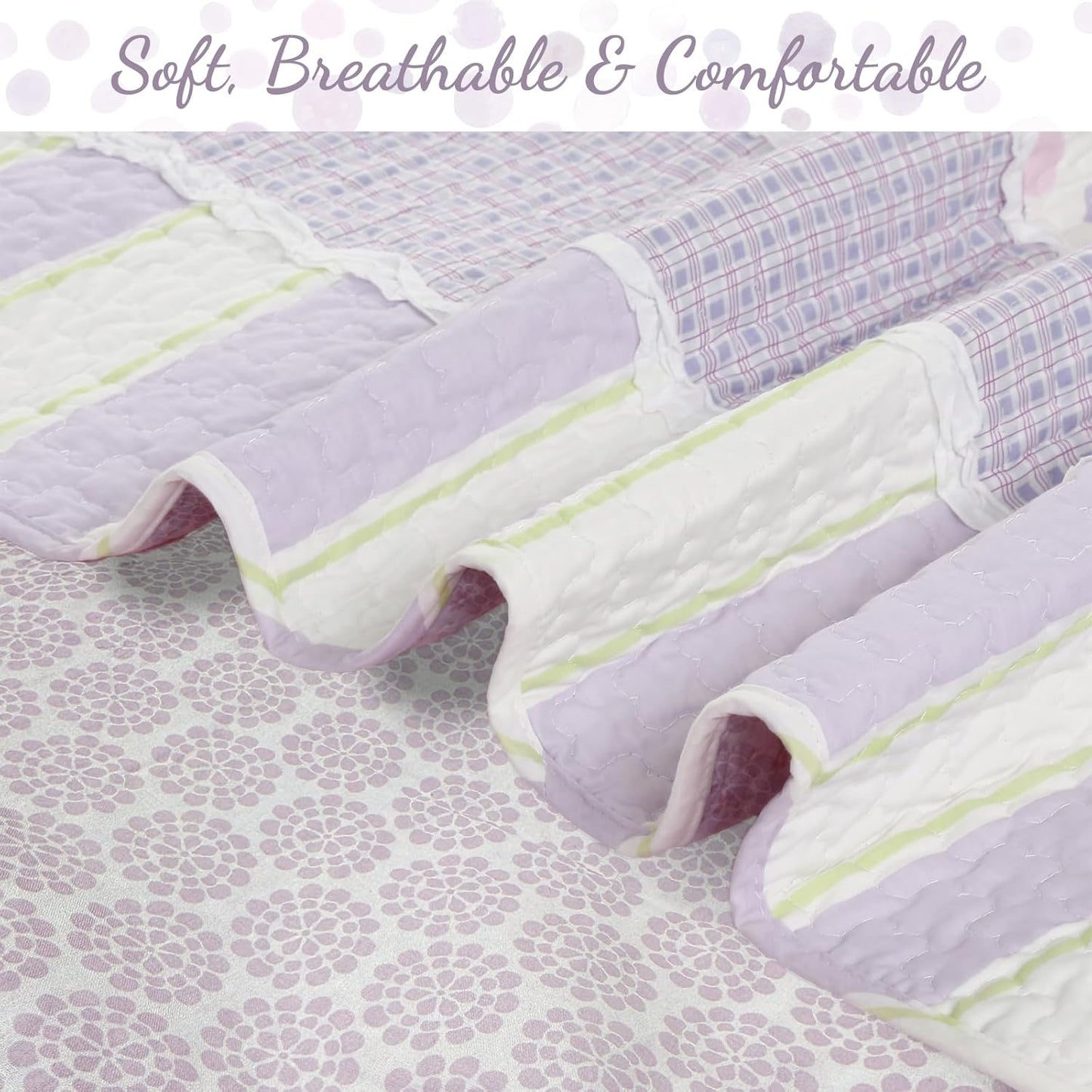 Lavender Green Stripe Dots Girl 100% Cotton Reversible Quilt Bedding Set, All-Season Coverlet Bedspread (Purple Dots, Twin - 2 Piece)