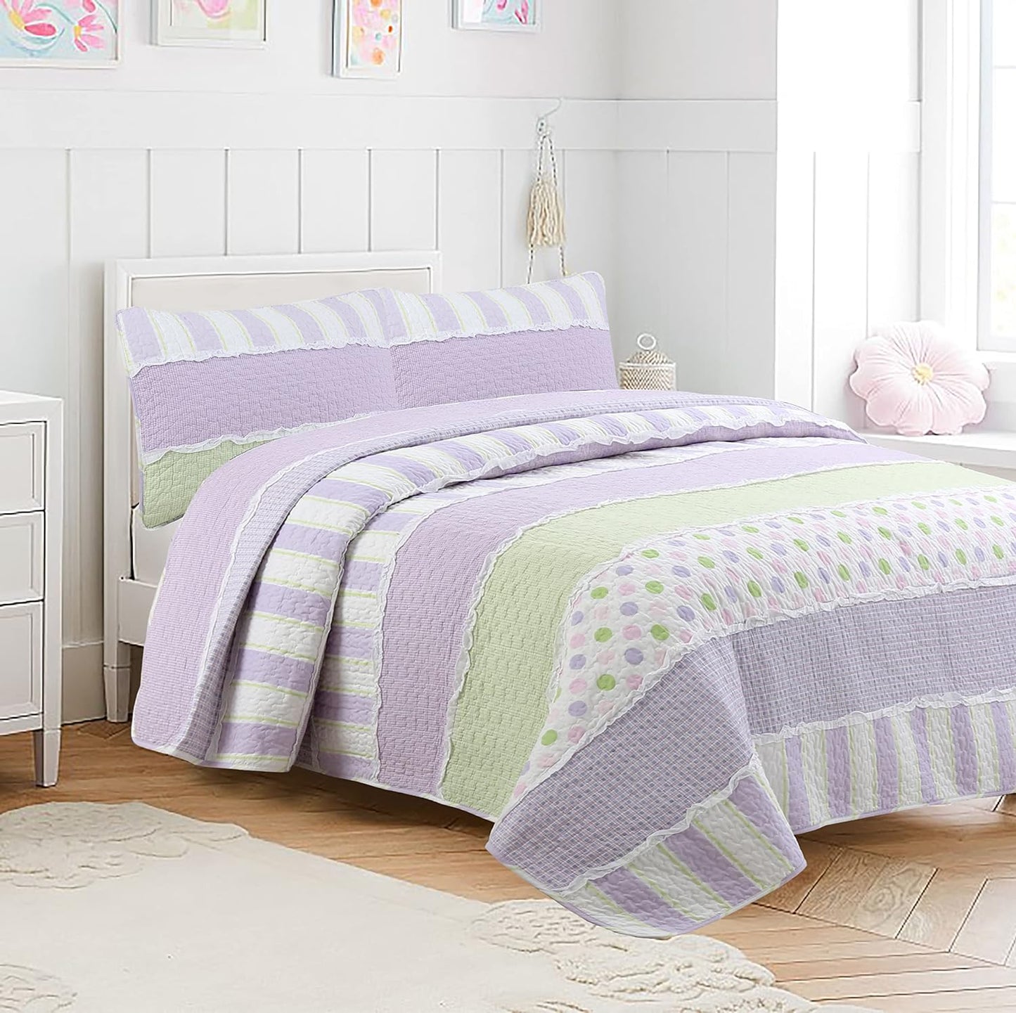 Lavender Green Stripe Dots Girl 100% Cotton Reversible Quilt Bedding Set, All-Season Coverlet Bedspread (Purple Dots, Twin - 2 Piece)