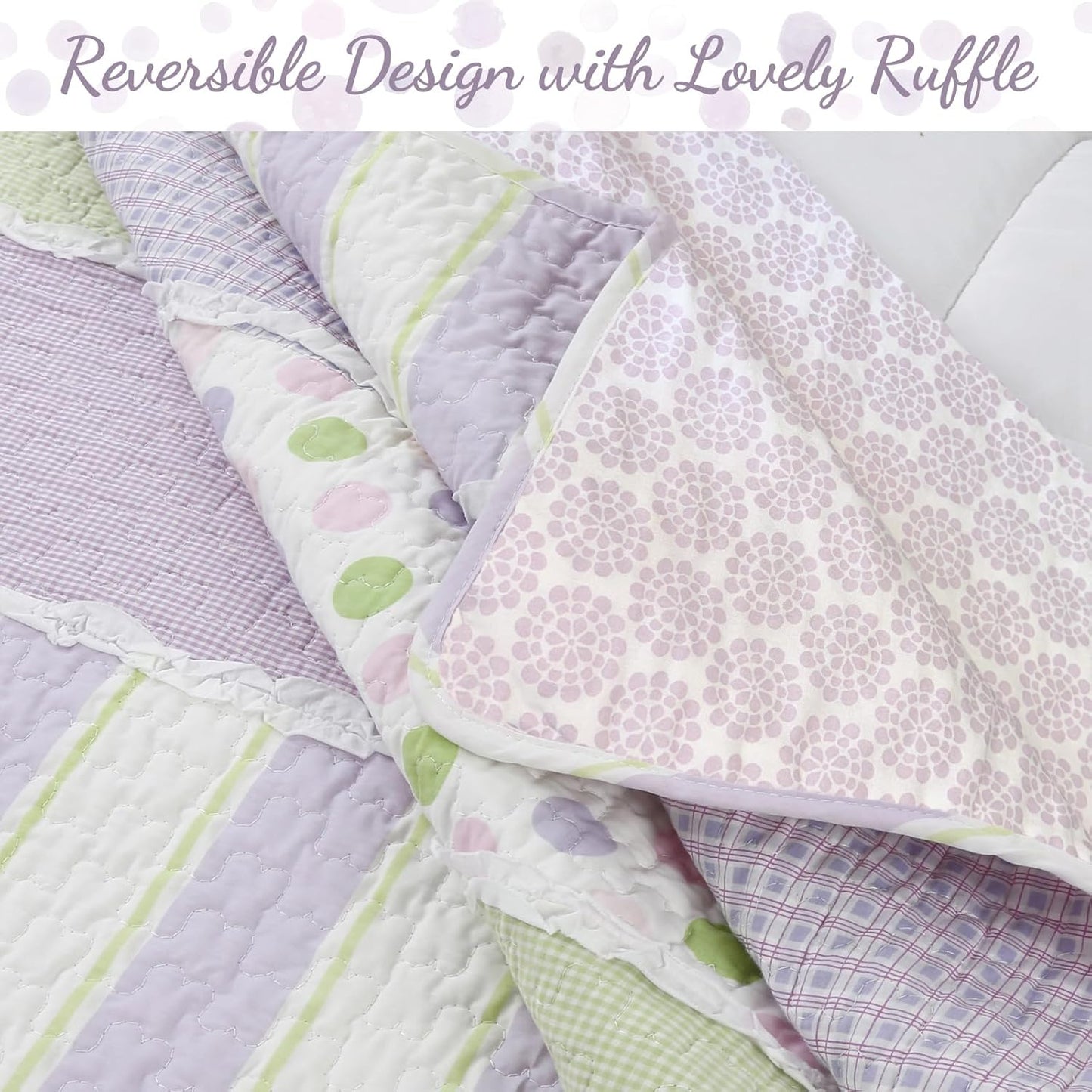 Lavender Green Stripe Dots Girl 100% Cotton Reversible Quilt Bedding Set, All-Season Coverlet Bedspread (Purple Dots, Twin - 2 Piece)