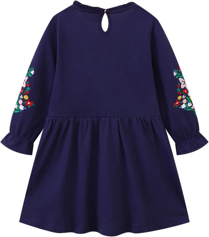 Girls Cotton Long Sleeve Casual Cartoon Appliques Striped Jersey Dresses