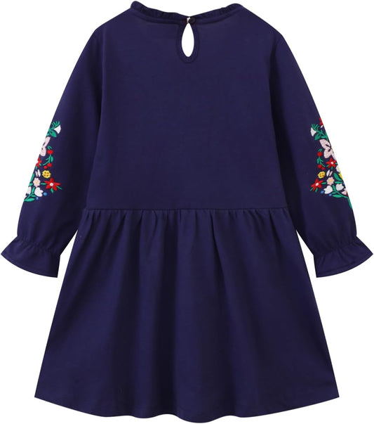 Girls Cotton Long Sleeve Casual Cartoon Appliques Striped Jersey Dresses