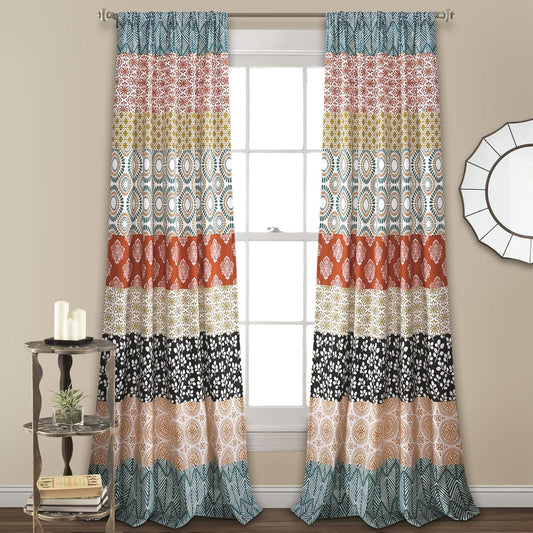 Bohemian Stripe Window Curtain Panels, Pair 52" W X 108" L Turquoise & Orange - Light Filtering Curtains for Bedroom - Boho Curtains - Maximalist Decor