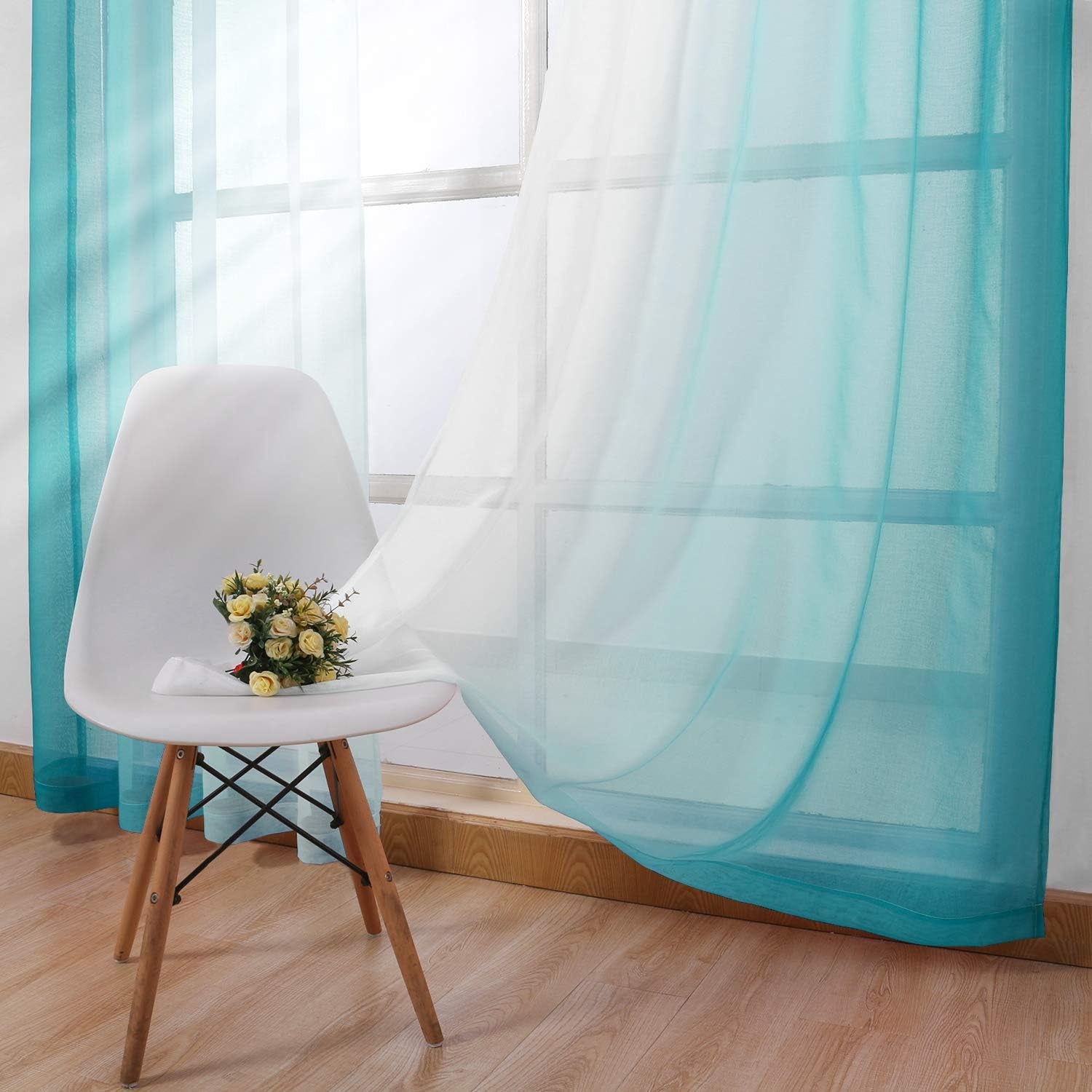 Faux Linen Ombre Sheer Curtains - Semi Voile Gradient Sheer Curtains Bedroom and Living Room Drapes, Set of 2 Grommet Top Window Curtain Panels, 52 X 54 Inch Length, Teal