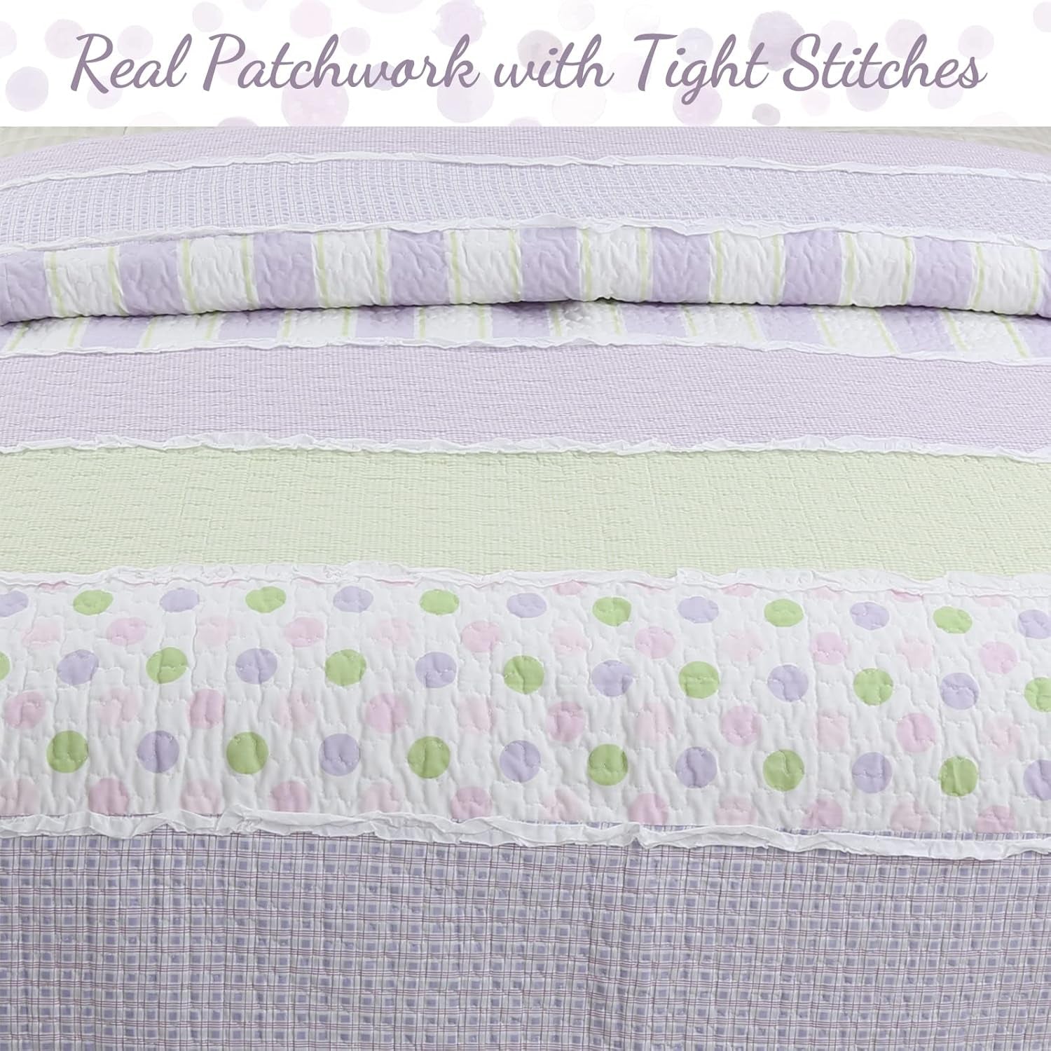 Lavender Green Stripe Dots Girl 100% Cotton Reversible Quilt Bedding Set, All-Season Coverlet Bedspread (Purple Dots, Twin - 2 Piece)