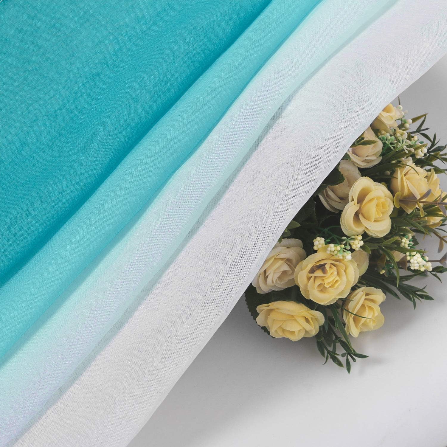 Faux Linen Ombre Sheer Curtains - Semi Voile Gradient Sheer Curtains Bedroom and Living Room Drapes, Set of 2 Grommet Top Window Curtain Panels, 52 X 54 Inch Length, Teal
