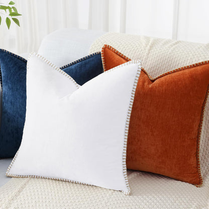 Chenille Soft Throw Pillow Covers 26X26 Set of 2, Farmhouse Velvet Neutral Decorative Pillow Covers with Stitched Edge for Couch Sofa Bed Home Decor, White