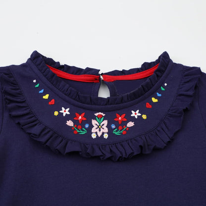 Girls Cotton Long Sleeve Casual Cartoon Appliques Striped Jersey Dresses