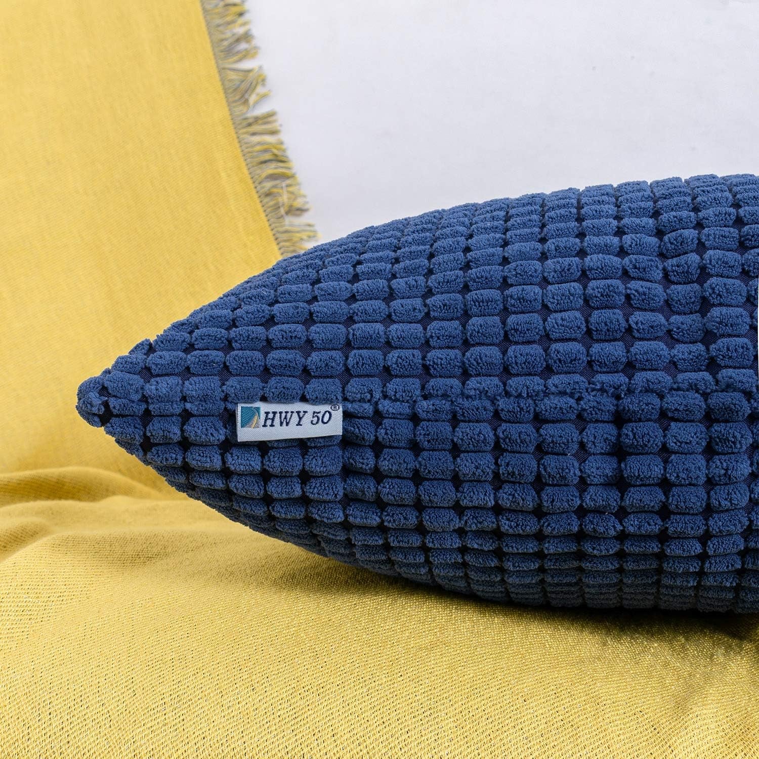 Navy Blue Corduroy Throw Pillow Covers 16X16 Inch, Pack of 2, Soft Solid Decorative Cushion Cases for Couch Sofa Bed Living Room, Corn Texture Striped Home Decor