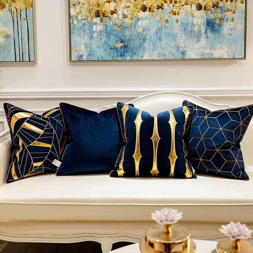 20 X 20 Inches Navy Blue Gold Plaid Cushion Case Luxury European Throw Pillow Cover Decorative Pillow for Couch Living Room Bedroom Car