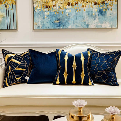 20 X 20 Inches Navy Blue Gold Plaid Cushion Case Luxury European Throw Pillow Cover Decorative Pillow for Couch Living Room Bedroom Car