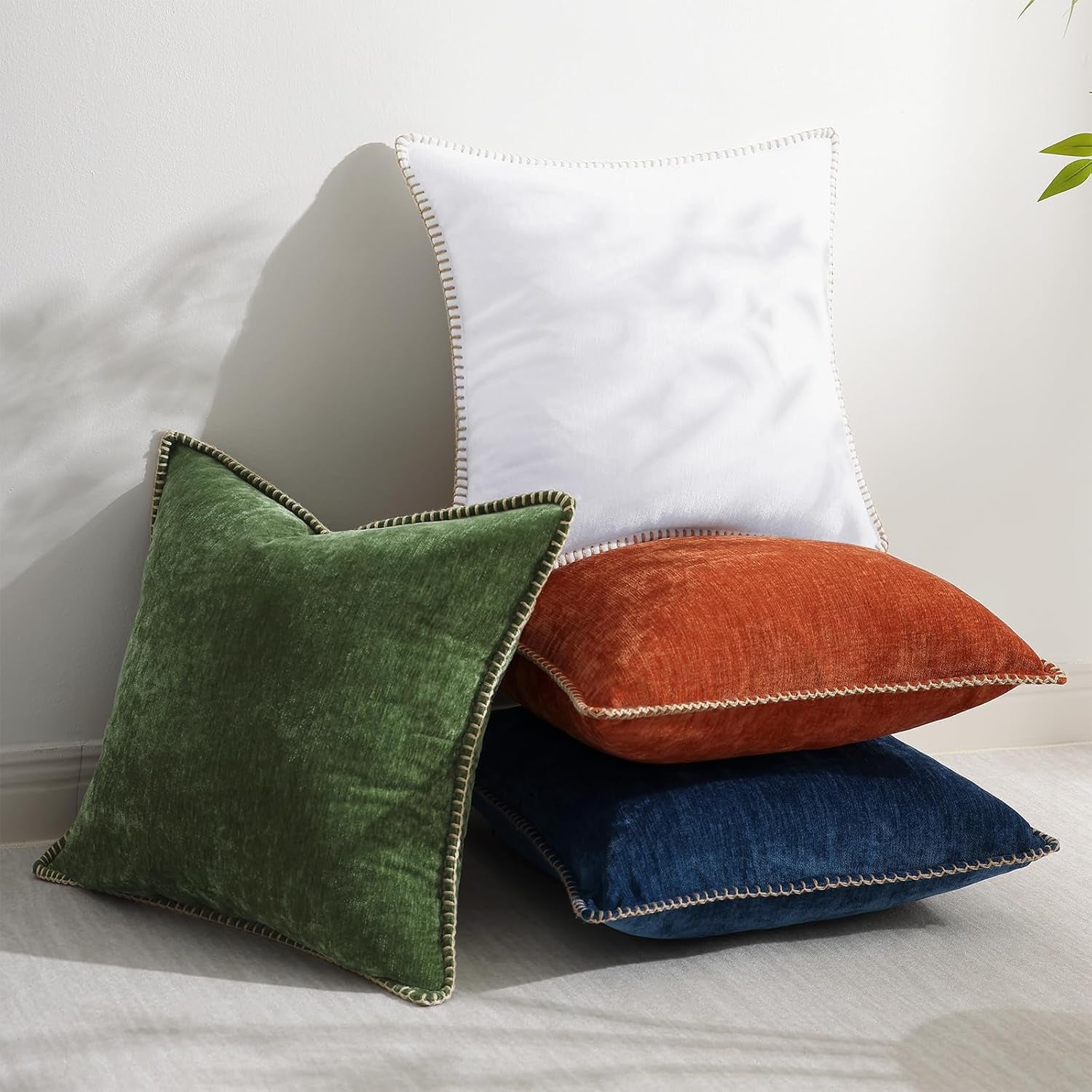 Chenille Soft Throw Pillow Covers 26X26 Set of 2, Farmhouse Velvet Neutral Decorative Pillow Covers with Stitched Edge for Couch Sofa Bed Home Decor, White