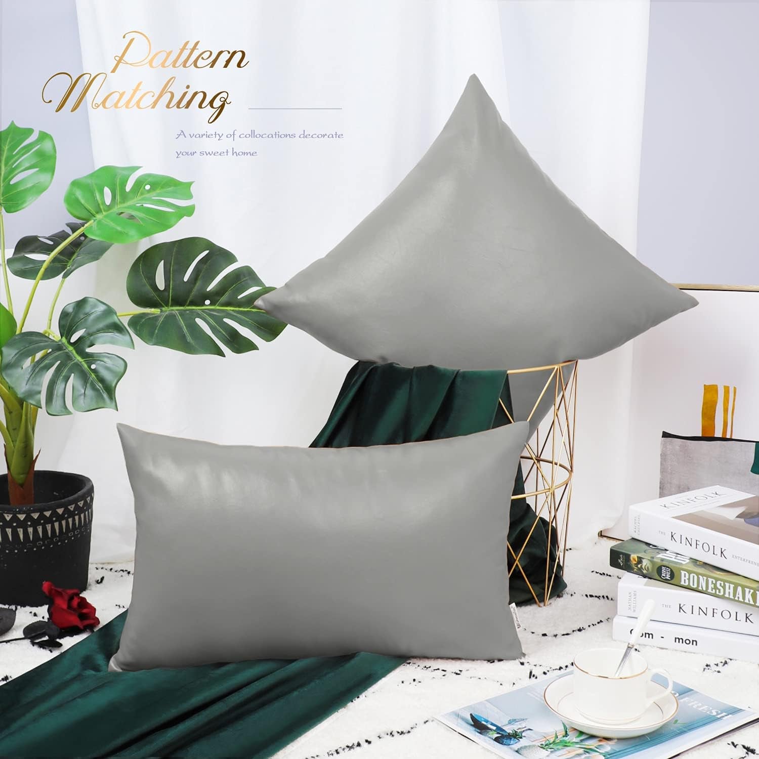 Faux Leather Throw Pillow Covers 16 X 16 Inches - Medium Gray Leather Pilow Covers Pack of 2, Solid Dyed Leather Pillowcases for Couch Bed Sofa Garden Home Decorative