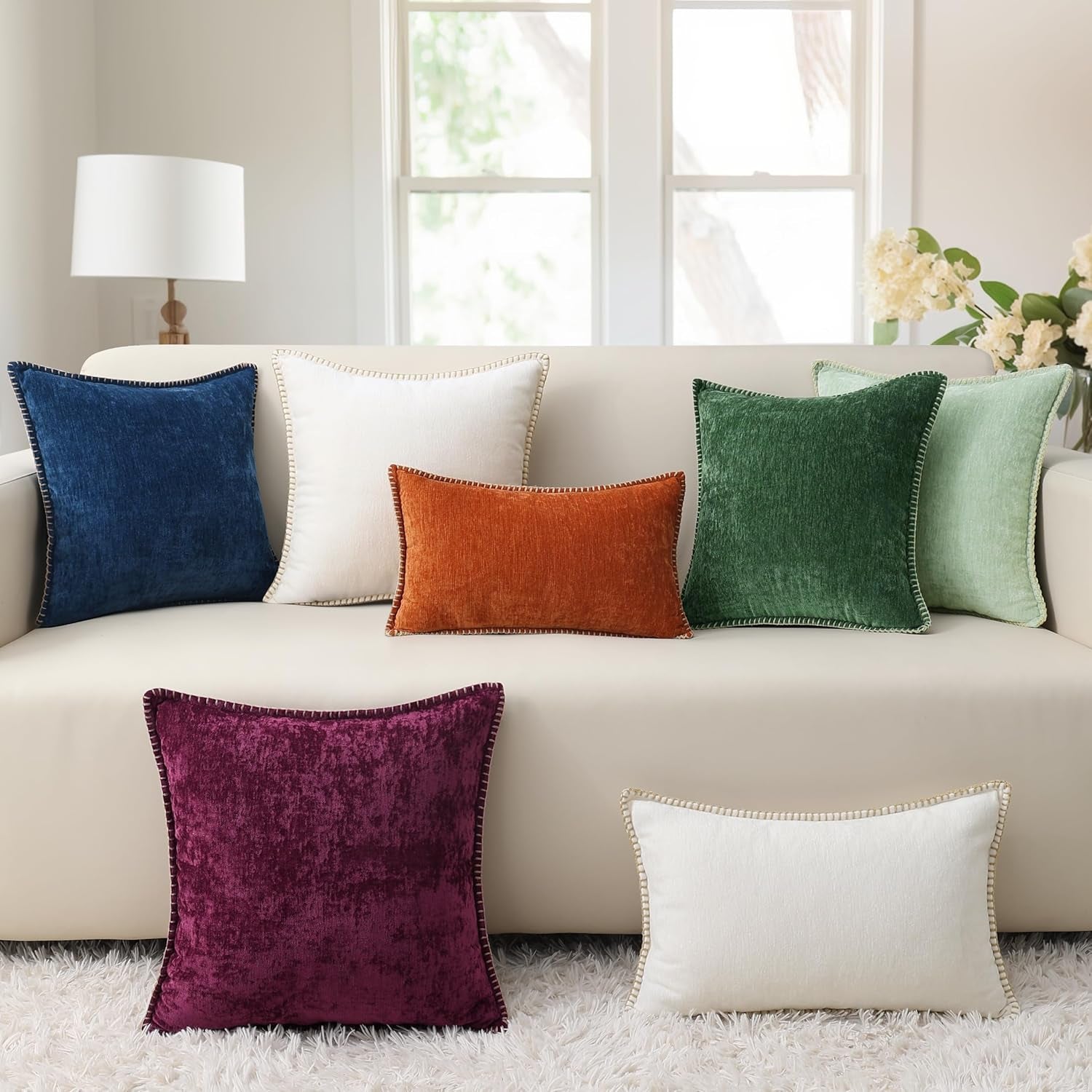Chenille Soft Throw Pillow Covers 26X26 Set of 2, Farmhouse Velvet Neutral Decorative Pillow Covers with Stitched Edge for Couch Sofa Bed Home Decor, White