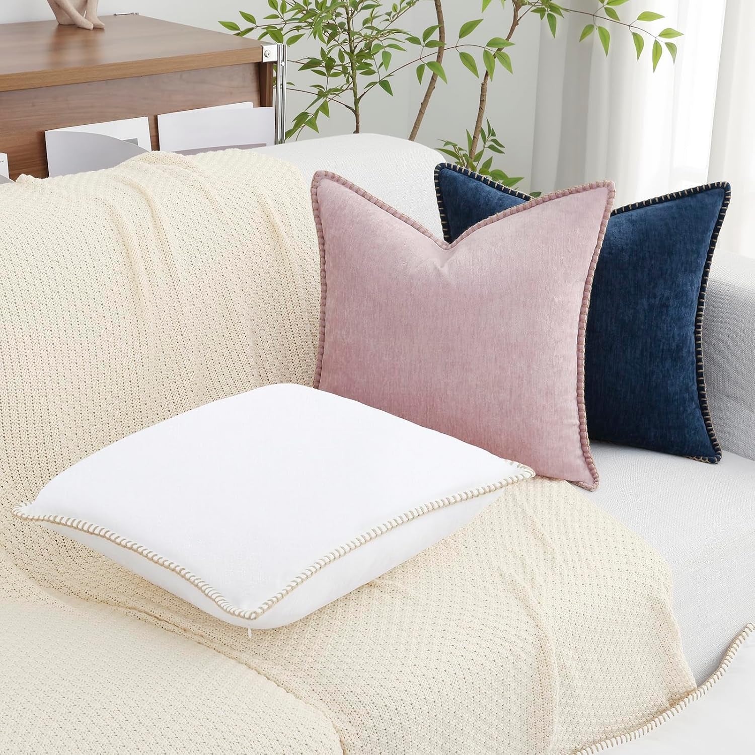 Chenille Soft Throw Pillow Covers 26X26 Set of 2, Farmhouse Velvet Neutral Decorative Pillow Covers with Stitched Edge for Couch Sofa Bed Home Decor, White