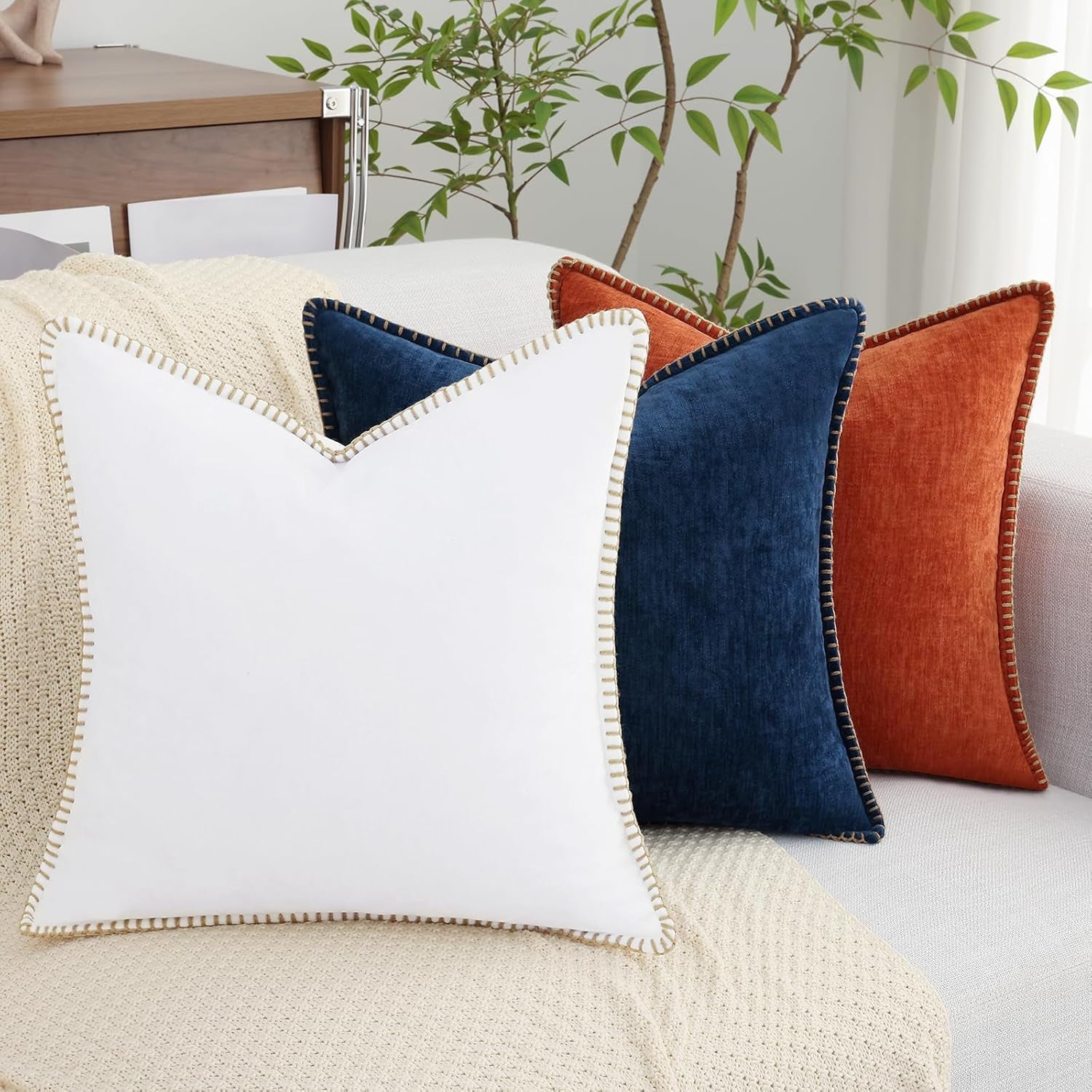 Chenille Soft Throw Pillow Covers 26X26 Set of 2, Farmhouse Velvet Neutral Decorative Pillow Covers with Stitched Edge for Couch Sofa Bed Home Decor, White