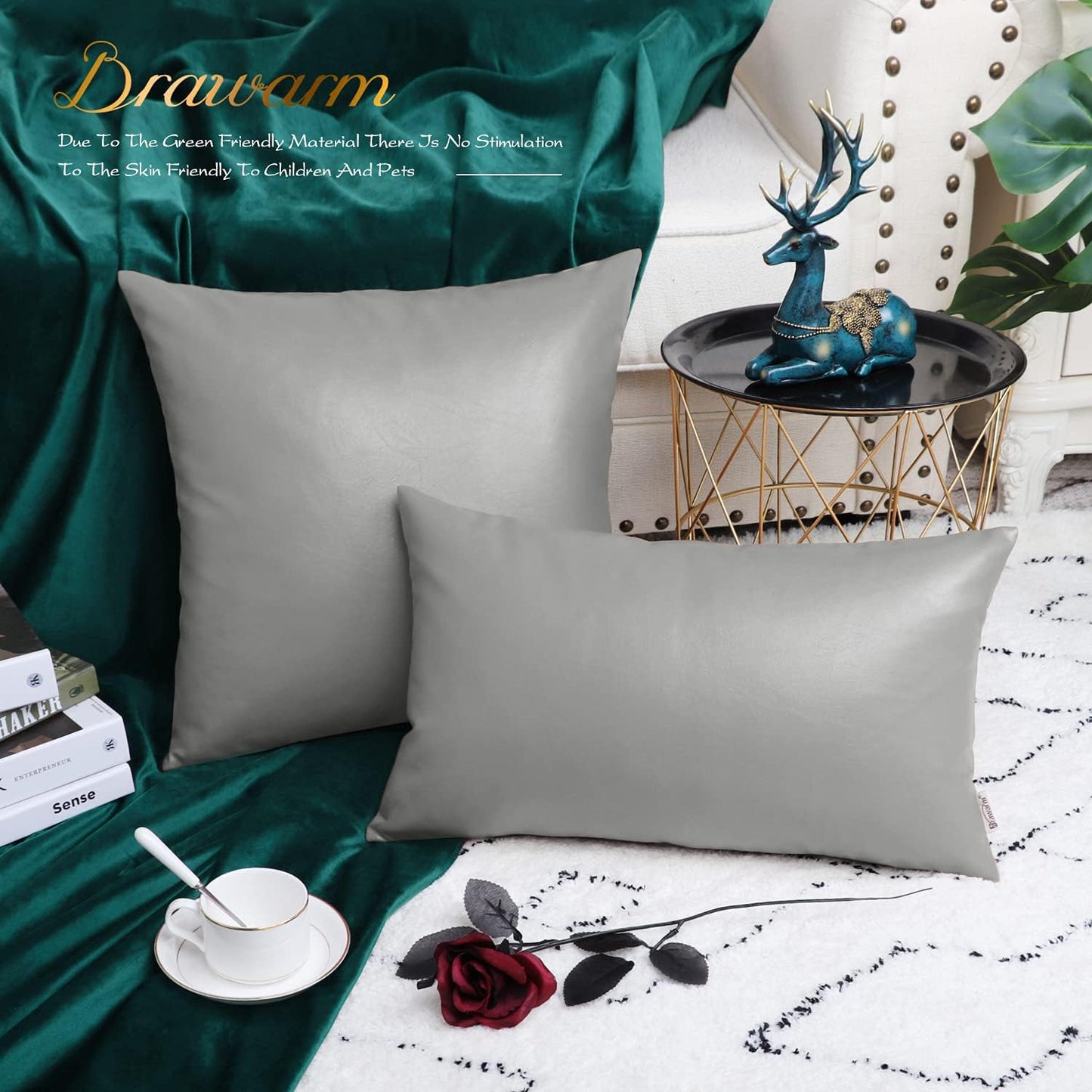 Faux Leather Throw Pillow Covers 16 X 16 Inches - Medium Gray Leather Pilow Covers Pack of 2, Solid Dyed Leather Pillowcases for Couch Bed Sofa Garden Home Decorative