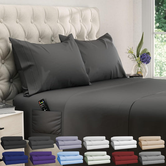 Queen Sheet Set – 4 Pcs Cooling Sheets – up to 21” Deep Pocket Queen Sheets – Hotel Luxury Sheets & Pillowcases – Superior Softness 100% Fine Microfiber with Side Pocket – Gray