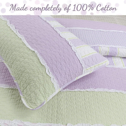 Lavender Green Stripe Dots Girl 100% Cotton Reversible Quilt Bedding Set, All-Season Coverlet Bedspread (Purple Dots, Twin - 2 Piece)