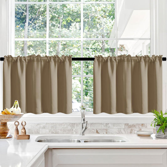 Short Blackout Curtains Panels for Bathroom/Kitchen - Thermal Insulated Rod Pocket Room Darkening Drapes, Noise-Reducing Curtains, 42W X 24L Inch, Taupe, 2 Panels