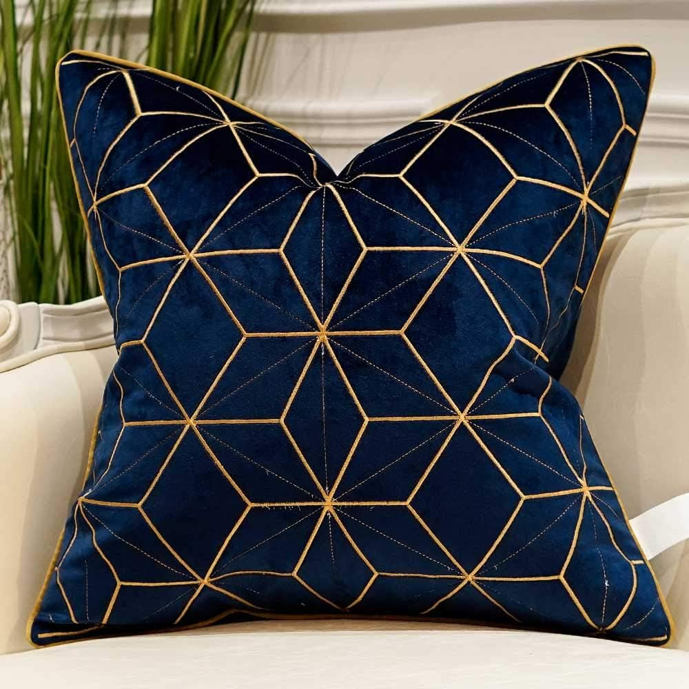 20 X 20 Inches Navy Blue Gold Plaid Cushion Case Luxury European Throw Pillow Cover Decorative Pillow for Couch Living Room Bedroom Car