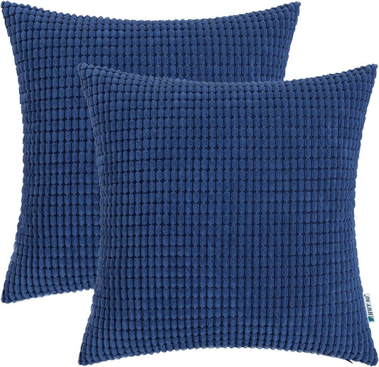 Navy Blue Corduroy Throw Pillow Covers 16X16 Inch, Pack of 2, Soft Solid Decorative Cushion Cases for Couch Sofa Bed Living Room, Corn Texture Striped Home Decor