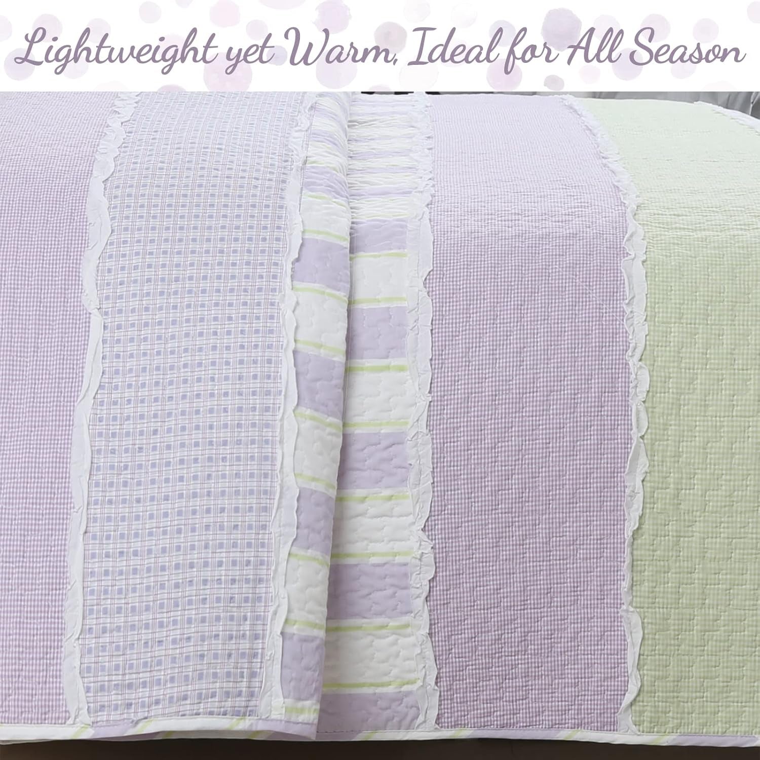 Lavender Green Stripe Dots Girl 100% Cotton Reversible Quilt Bedding Set, All-Season Coverlet Bedspread (Purple Dots, Twin - 2 Piece)