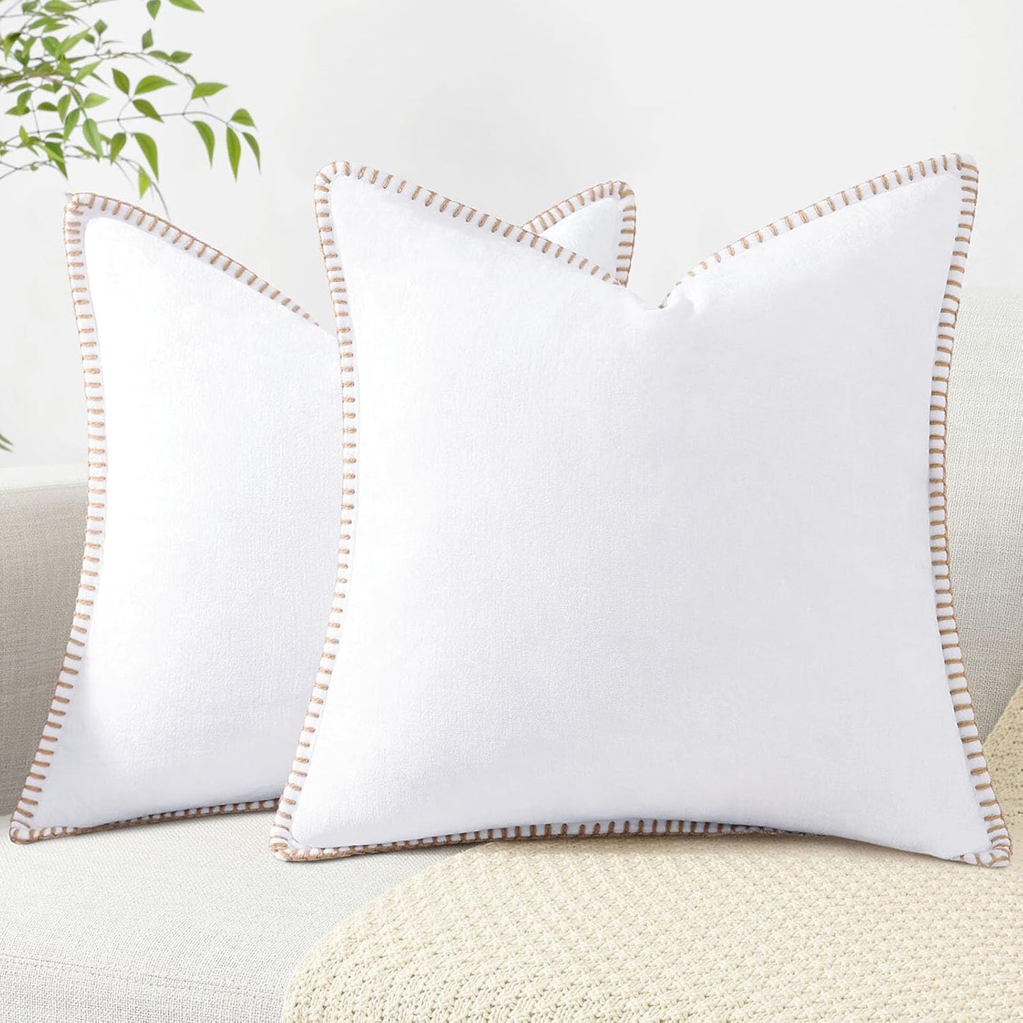 Chenille Soft Throw Pillow Covers 26X26 Set of 2, Farmhouse Velvet Neutral Decorative Pillow Covers with Stitched Edge for Couch Sofa Bed Home Decor, White