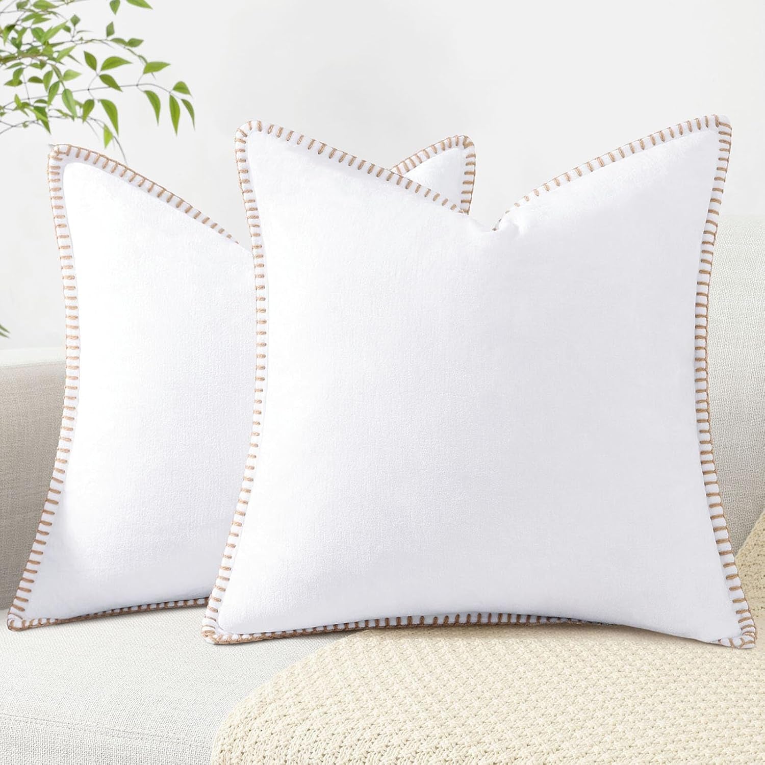 Chenille Soft Throw Pillow Covers 26X26 Set of 2, Farmhouse Velvet Neutral Decorative Pillow Covers with Stitched Edge for Couch Sofa Bed Home Decor, White