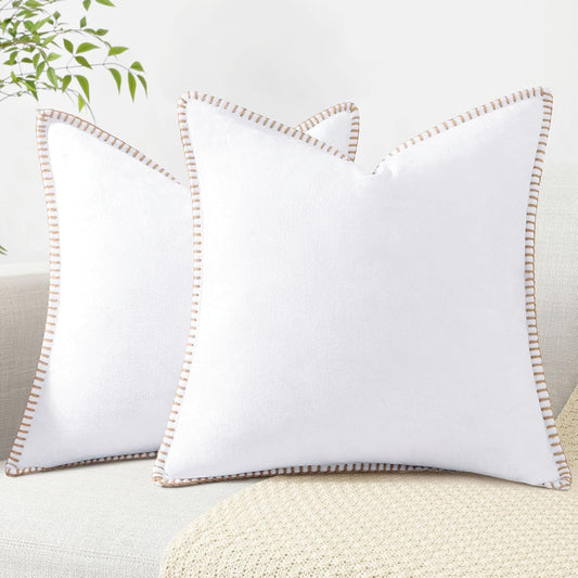 Chenille Soft Throw Pillow Covers 26X26 Set of 2, Farmhouse Velvet Neutral Decorative Pillow Covers with Stitched Edge for Couch Sofa Bed Home Decor, White