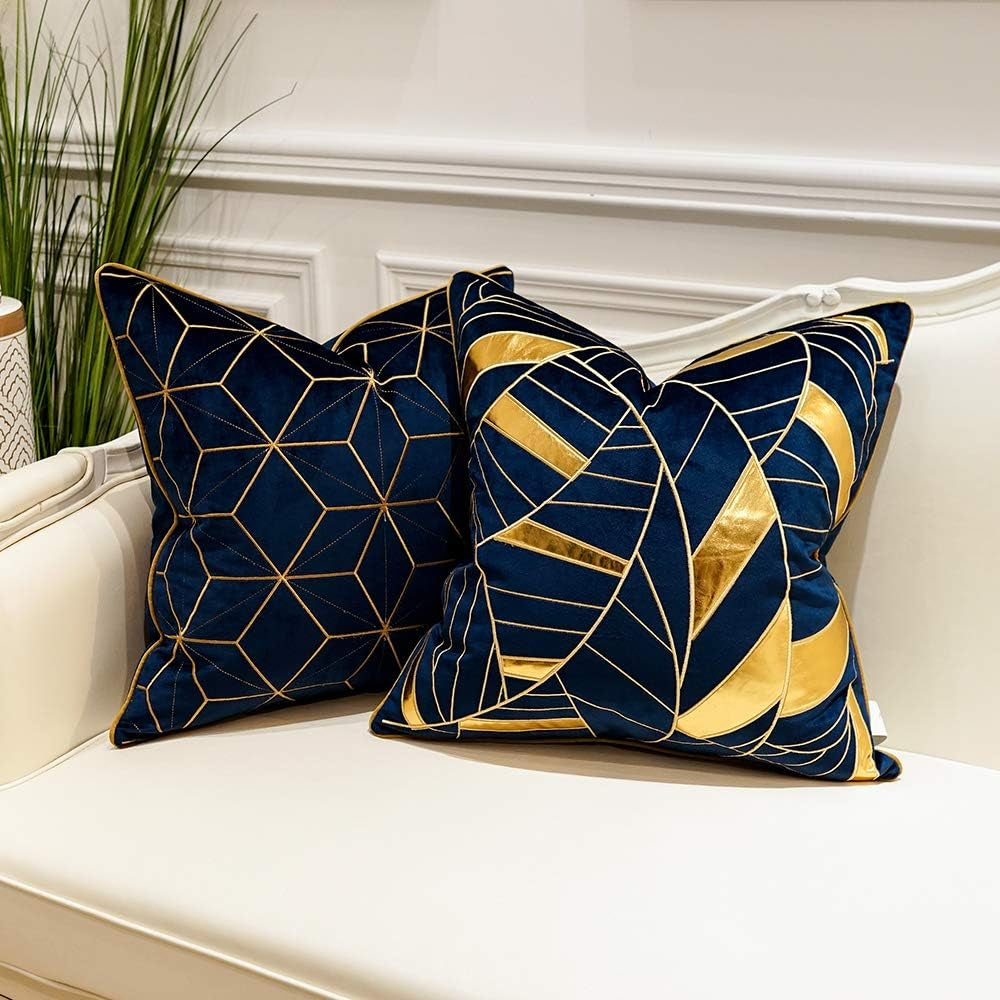 20 X 20 Inches Navy Blue Gold Plaid Cushion Case Luxury European Throw Pillow Cover Decorative Pillow for Couch Living Room Bedroom Car