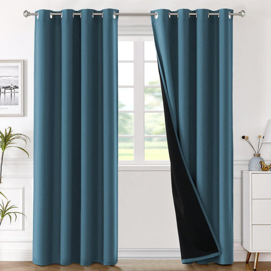 Blackout Window Curtain Panels, Cold and Light Blocking Drapes with White Liner for Nursery, 84 Inches Drop Thermal Insulated Draperies (2 Pieces, 52 Wide Each Panel, Mallard Blue)