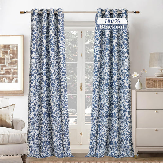 Julia Watercolor Blackout Room Darkening Lined Thermal Insulated Energy Saving Window Curtains 2 Layers 2 Panels Each Size 52 Inch by 108 Inch Linen Navy