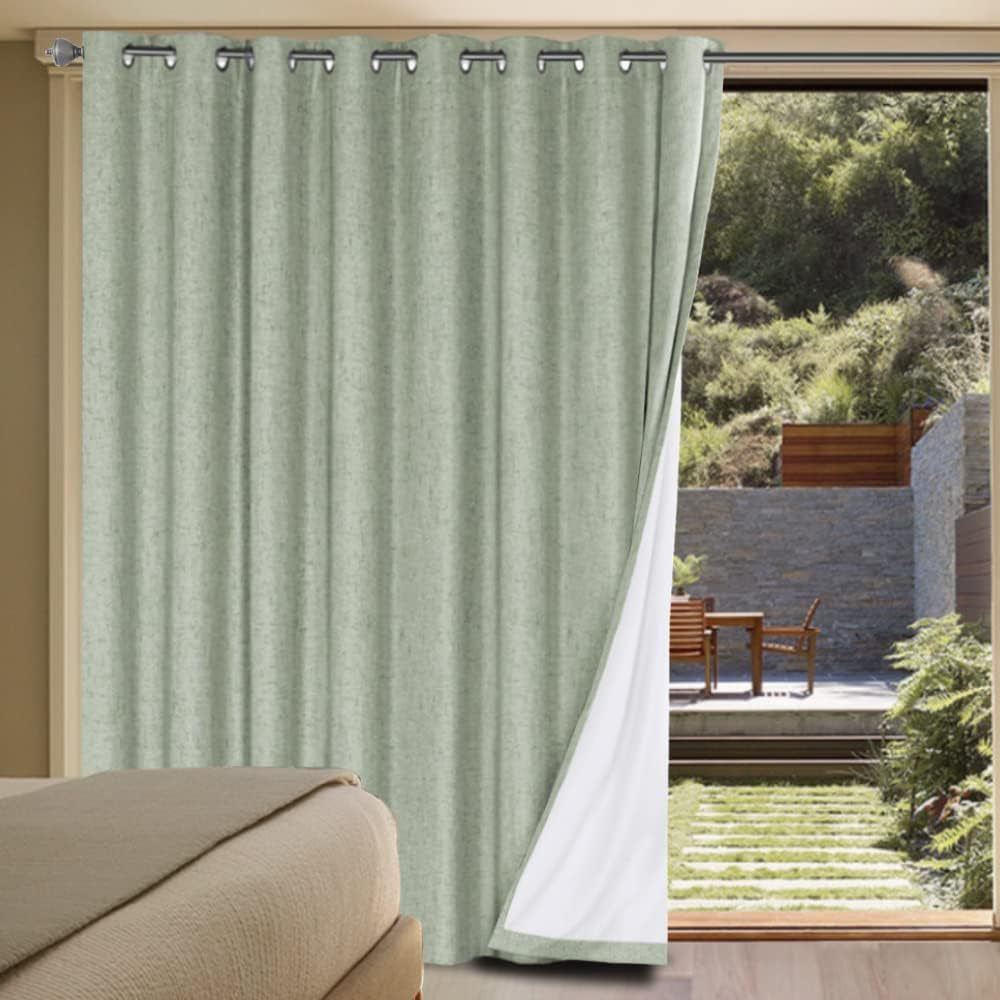 Linen Blackout Curtains Durable Thick Textured Linen Look 100% Blackout Patio Door Curtain anti Rust Grommet Extra Wide Sliding Door Curtain Panel, W100 X L84 Inch - Sage