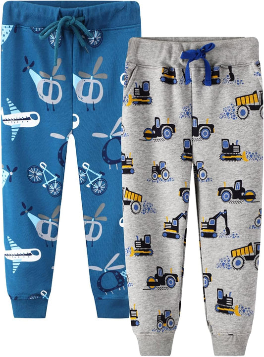 2 Pack Boys Drawstring Sweatpants Cute Pattern Cotton Sport Jogger Pants