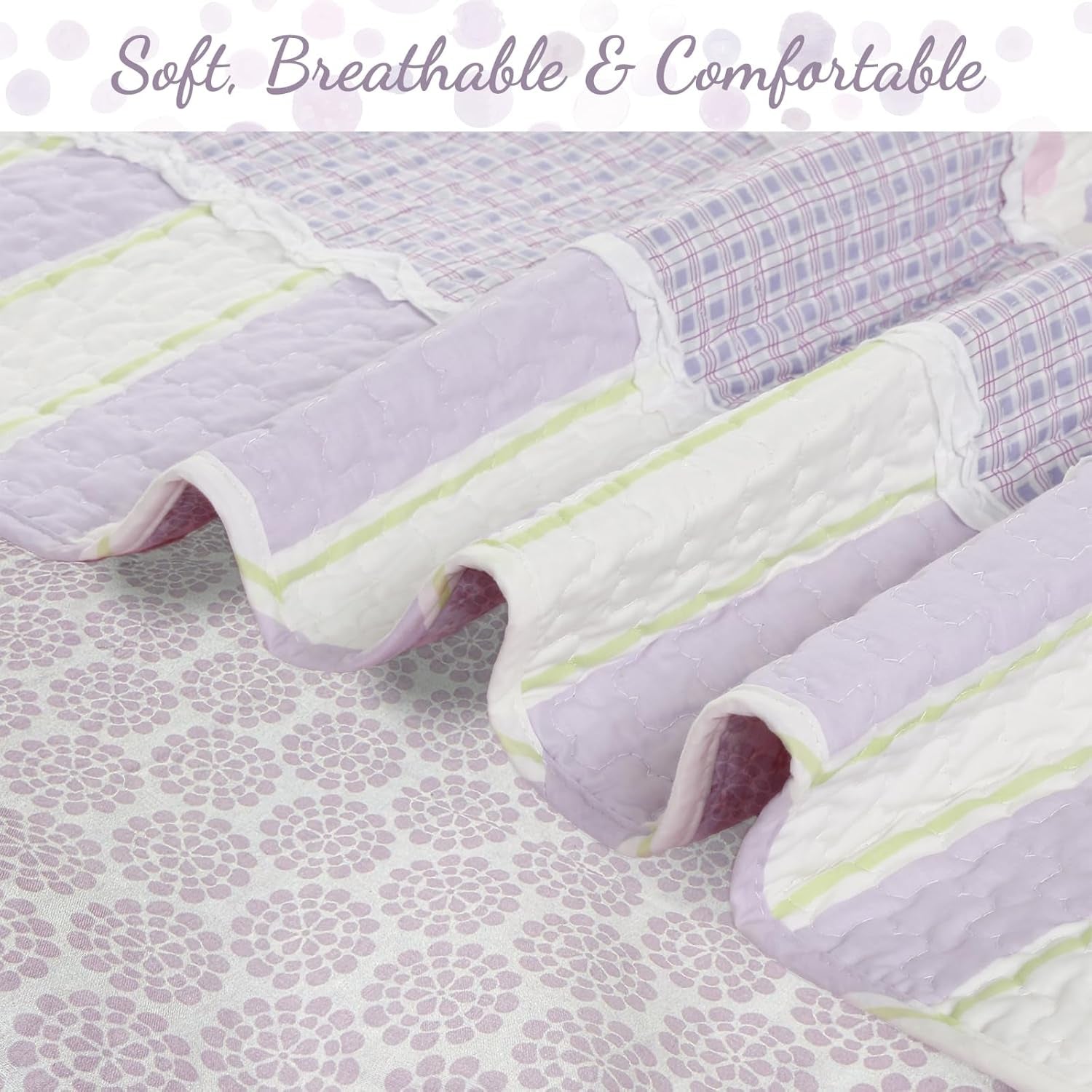 Lavender Green Stripe Dots Girl 100% Cotton Reversible Quilt Bedding Set, All-Season Coverlet Bedspread (Purple Dots, Twin - 2 Piece)