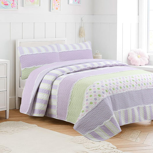 Lavender Green Stripe Dots Girl 100% Cotton Reversible Quilt Bedding Set, All-Season Coverlet Bedspread (Purple Dots, Twin - 2 Piece)
