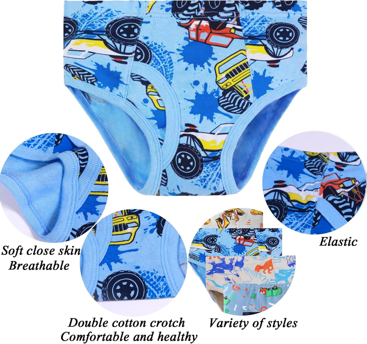 100% Cotton Little Boys Briefs Soft Dinosaur Truck Toddler Underwear