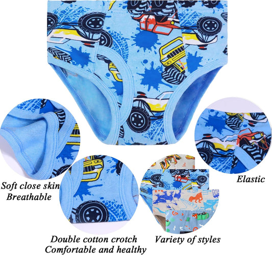 100% Cotton Little Boys Briefs Soft Dinosaur Truck Toddler Underwear