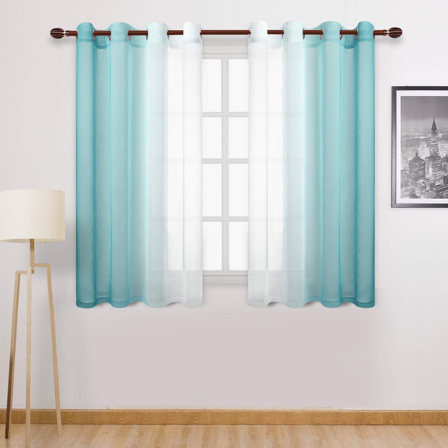 Faux Linen Ombre Sheer Curtains - Semi Voile Gradient Sheer Curtains Bedroom and Living Room Drapes, Set of 2 Grommet Top Window Curtain Panels, 52 X 54 Inch Length, Teal