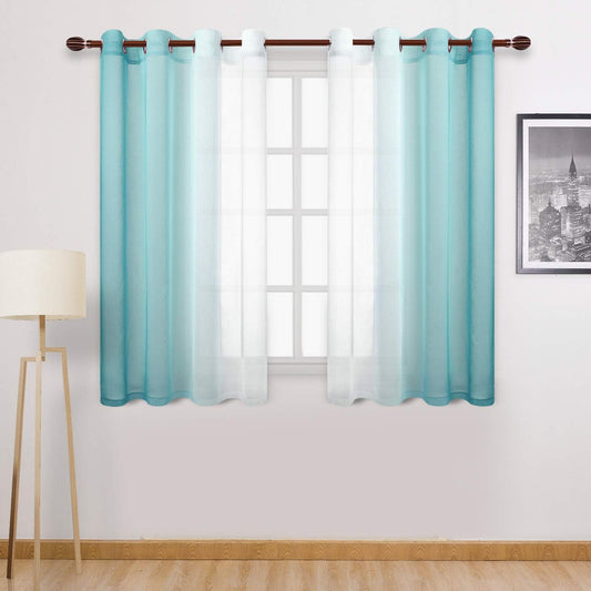 Faux Linen Ombre Sheer Curtains - Semi Voile Gradient Sheer Curtains Bedroom and Living Room Drapes, Set of 2 Grommet Top Window Curtain Panels, 52 X 54 Inch Length, Teal