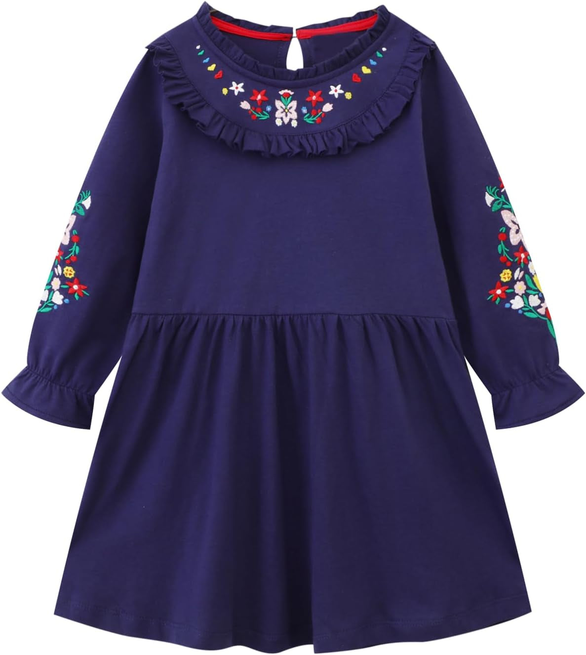 Girls Cotton Long Sleeve Casual Cartoon Appliques Striped Jersey Dresses