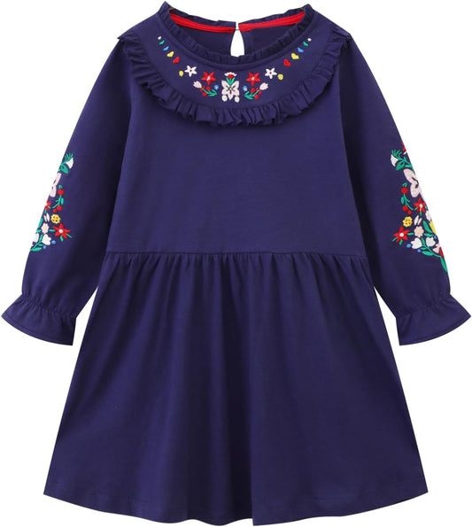 Girls Cotton Long Sleeve Casual Cartoon Appliques Striped Jersey Dresses