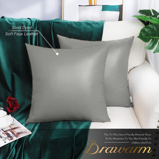 Faux Leather Throw Pillow Covers 16 X 16 Inches - Medium Gray Leather Pilow Covers Pack of 2, Solid Dyed Leather Pillowcases for Couch Bed Sofa Garden Home Decorative